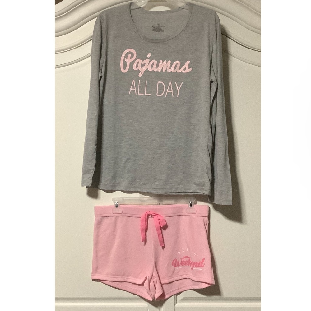 New ladies M, gray & pink 2 pc pj set, Pajamas all day, long sleeve top, shorts - Picture 1 of 5